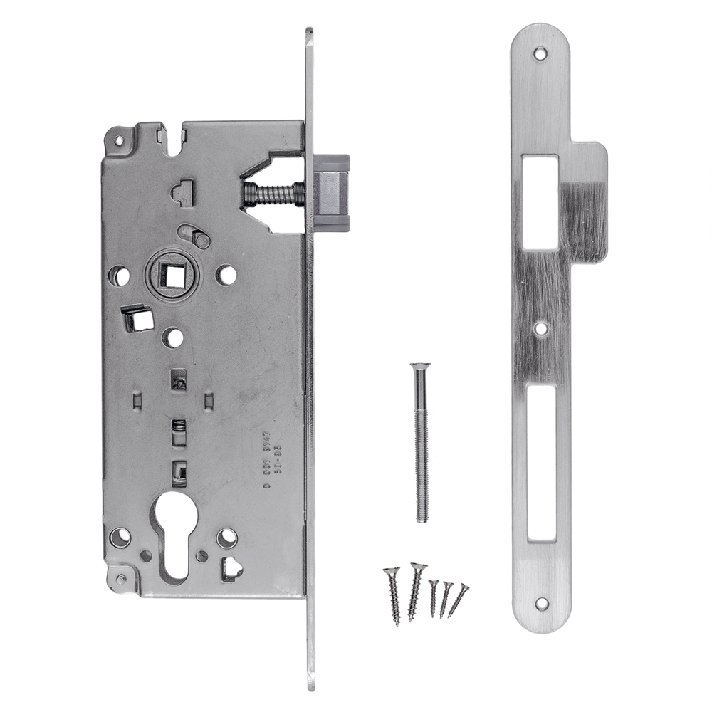 SERRURE AGB INOX LOOK 90MM+CONTRE PLAQUE ETROITE ARRONDIE