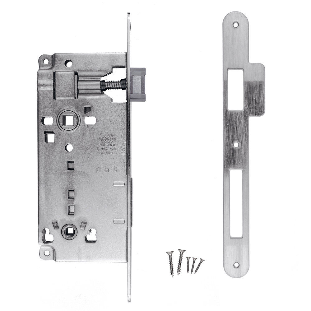 SERRURE AGB INOX LOOK 90MM+CONTRE PLAQUE ETROITE ARRONDIE